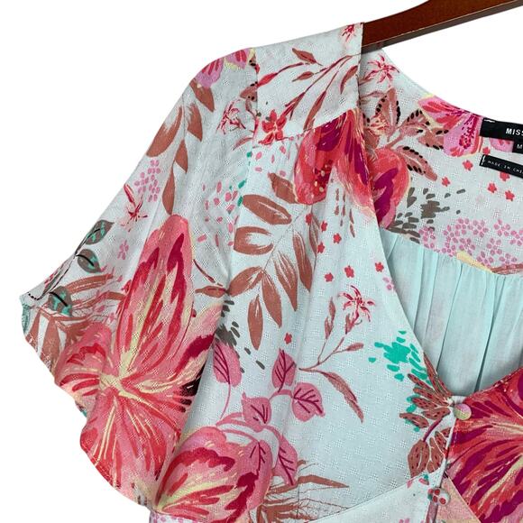 Miss Me Blouse Blue Floral Top Button Front Short Flutter Sleeve Women's M - Picture 3 of 7